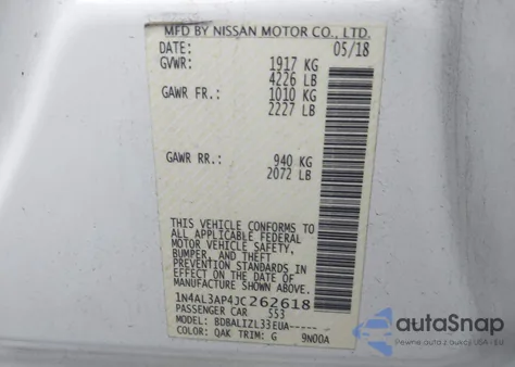 2018 Nissan Altima 2.5 Sv z USA, uszkodzony, nr VIN 1N4AL3AP4JC262618